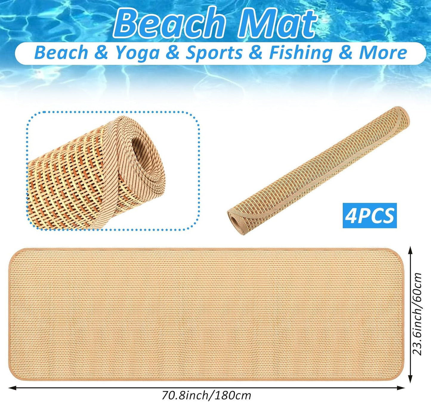4 Packs Straw Beach Mat 20 * 70 inch Waterproof Non Slip Straw Mat Foldable Lightweight Picnic Mat for Camping Sunbathing Picnic Floor Yoga