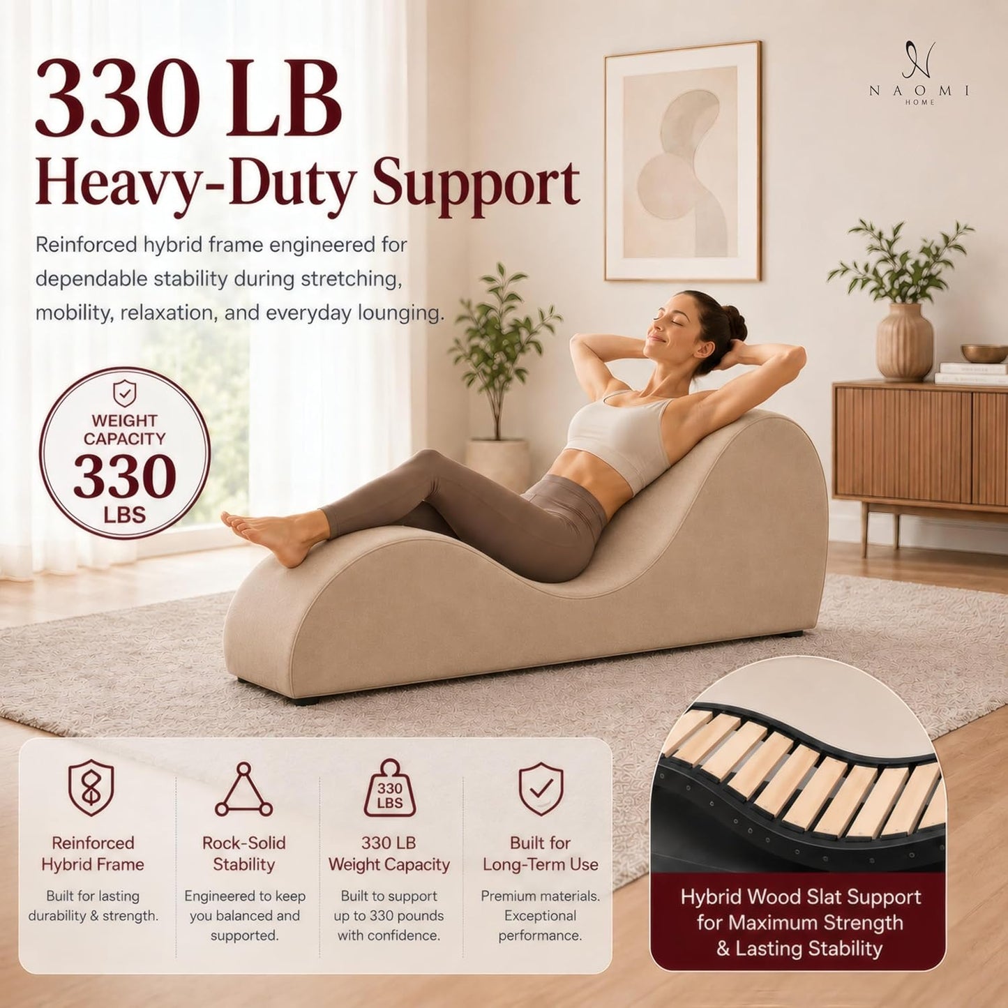 Naomi Home Yoga Chair for Adults - Ergonomic Yoga Chaise Lounge Bench, Wood & Metal Frame, 330 lb Capacity, Upholstered Microfiber Lounge for Deep Stretching, Relaxation & Creative Comfort - Red