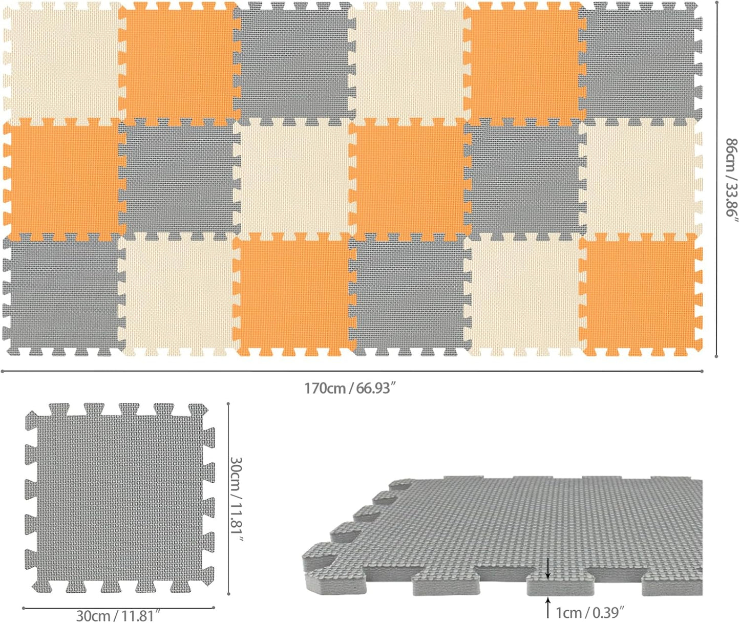 qqpp EVA Rubber 18 Tiles Interlocking Puzzle Foam Floor Mats - Baby Play Mat for Playing | Exercise Mat for Home Workout. White, Pink, Gray. QC-ACLb18N