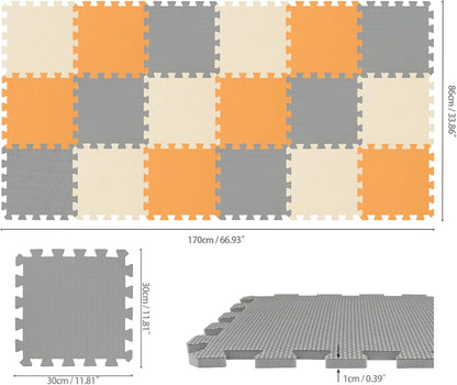 qqpp EVA Rubber 18 Tiles Interlocking Puzzle Foam Floor Mats - Baby Play Mat for Playing | Exercise Mat for Home Workout. White, Pink, Gray. QC-ACLb18N