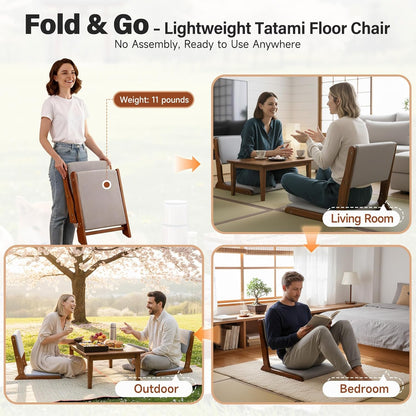 Tiita 2Pcs Floor Games Chair, Foldable Meditation Tatami Chairs, Backrest Chair with Cushion, Living Room Chair Seat, Wood Grey
