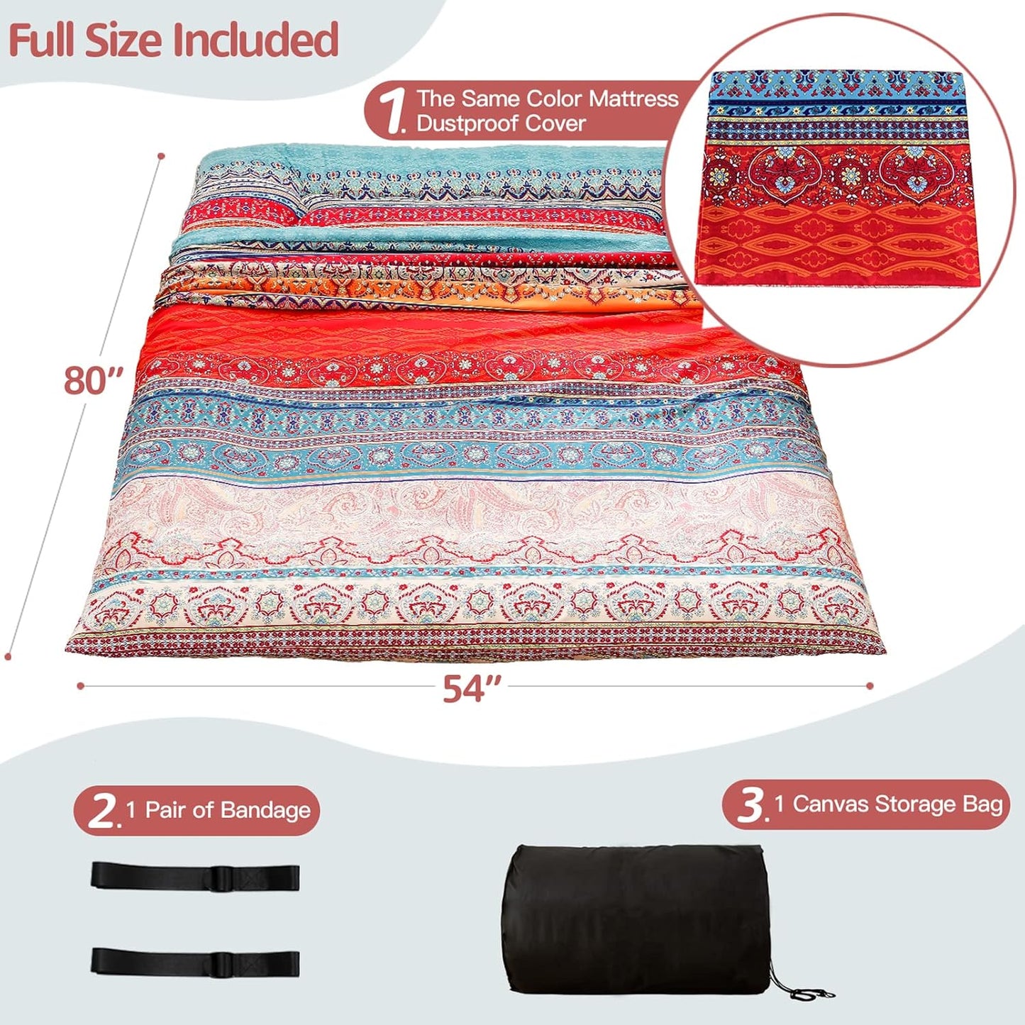 MAXYOYO Bohemian Retro Mattress Boho Floral Japanese Futon Mattress Tatami Floor Mat Foldable Portable Camping, Sleeping Pad, Lounger Couch Bed Full Size
