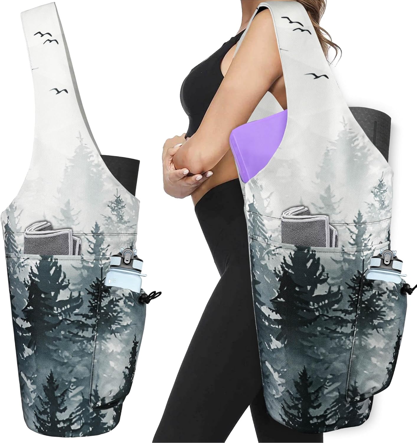 Yoga Mat Bag - Large Opening Long Tote Yoga Mat Carrier Holder Bag with Waterproof Wet Zipper Pocket and Drawstring Water Bottle Pocket - Yoga Bag Fit Most Size Mats