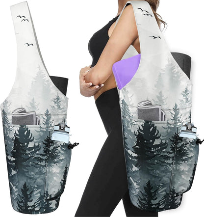 Yoga Mat Bag - Large Opening Long Tote Yoga Mat Carrier Holder Bag with Waterproof Wet Zipper Pocket and Drawstring Water Bottle Pocket - Yoga Bag Fit Most Size Mats