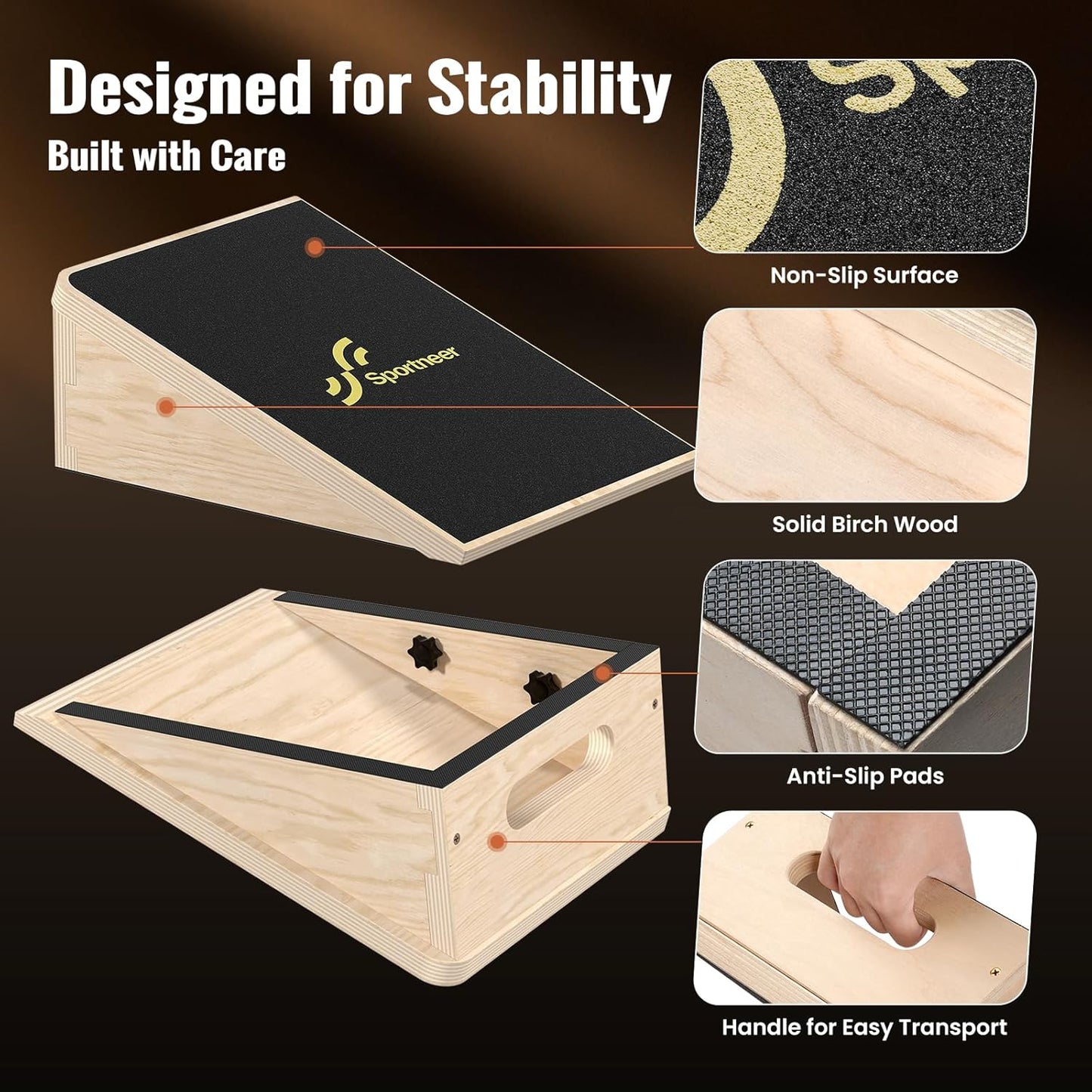 Sportneer Squat Wedge - Squat Wedge Block 1200 LBS - 15°/ 20° Slant Board for Squats Wooden Heel Elevated Board for Squats Weightliting Home Gym Squat Wedge Non-Slip