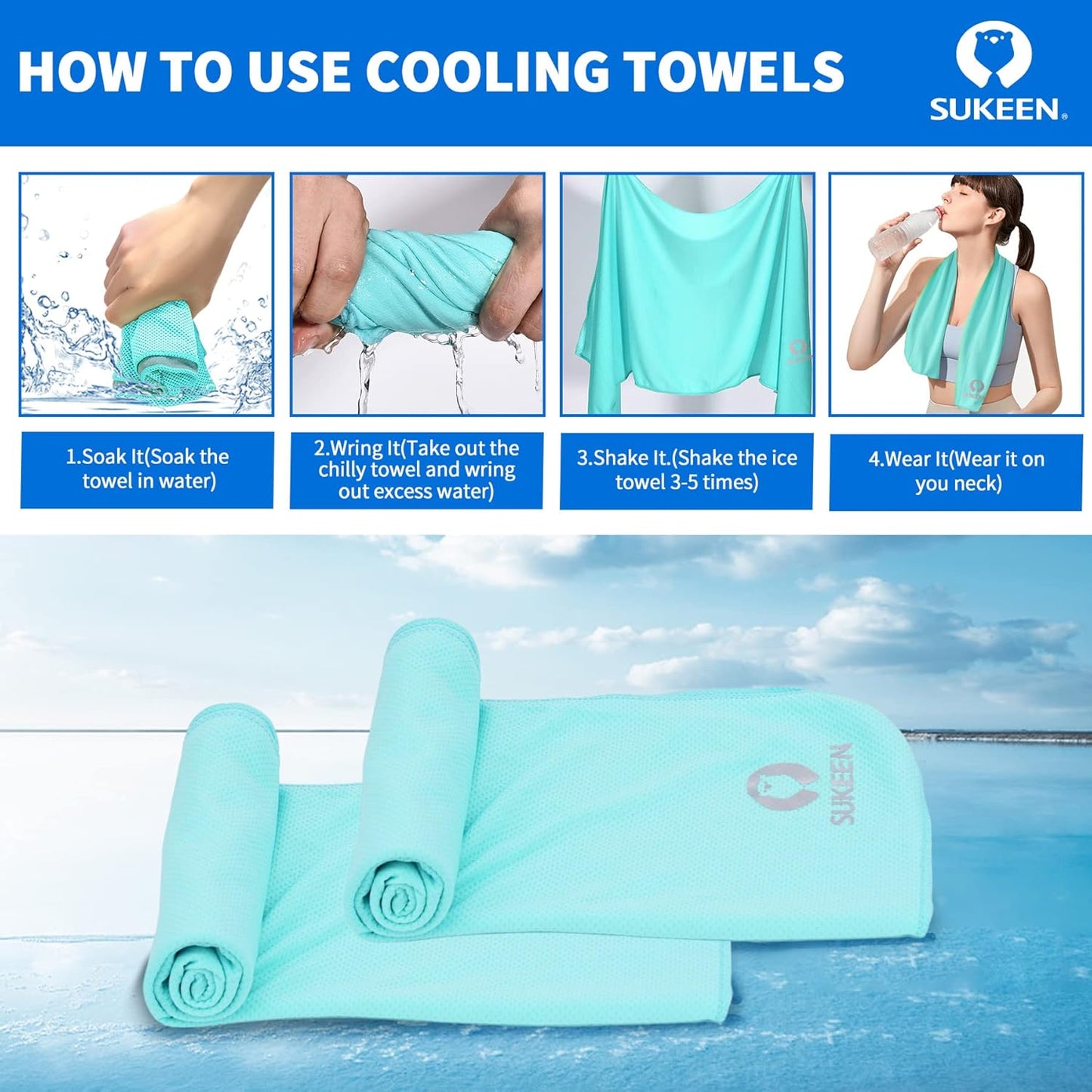 Sukeen [4 Pack Cooling Towel (40"x12"), Soft Breathable Chilly Microfiber Towel for Yoga,Sport,Running,Gym,Workout,Camping,Fitness,Workout & More Activities