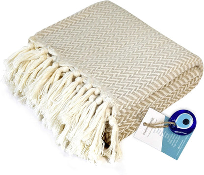 Peshtemania Premium Cotton Throw Blanket, 50x60 inches, Light Blue, Turkish Herringbone, Farmhouse Decor, Yoga Blanket, Picnic Blanket