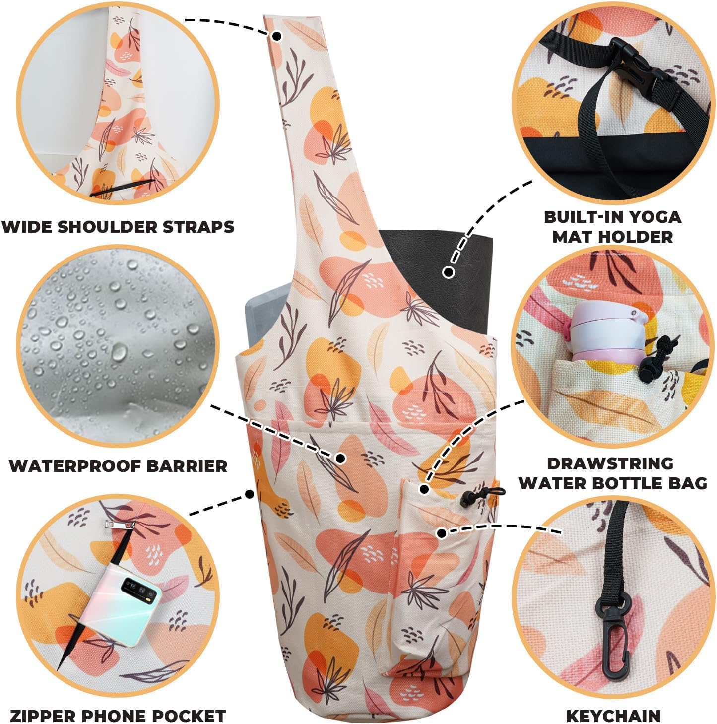 Yoga Mat Bag Carrier for Women Workout Large Waterproof with Zipper Pocket, Keychain and Wide Shoulder Straps