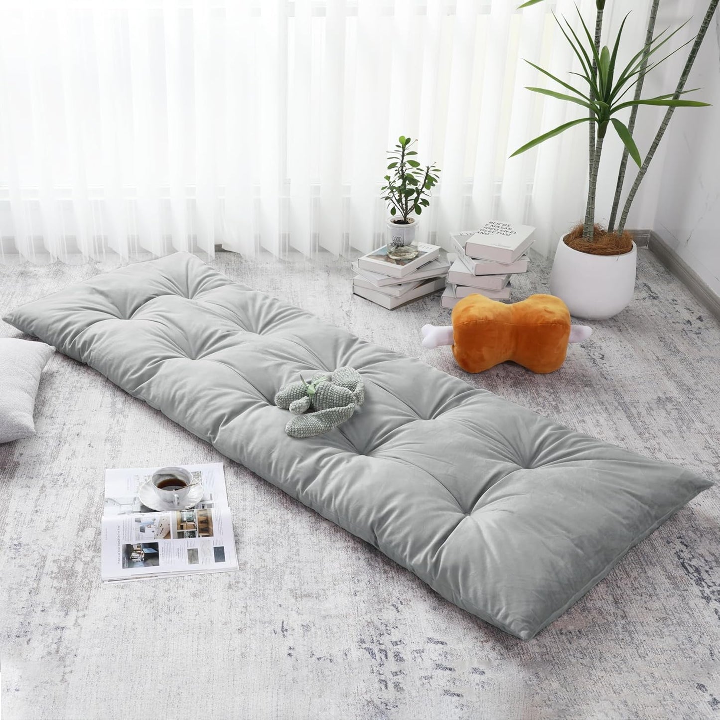 BALAPET Floor Lounger Pillow,Foldable Light Thick Tufted Floor Pillow Cushion with Elasticized Webbing for Easy Storage Floor Lounger for Meditation, Playing, Yoga, Reading, Sleeping(Beige White)