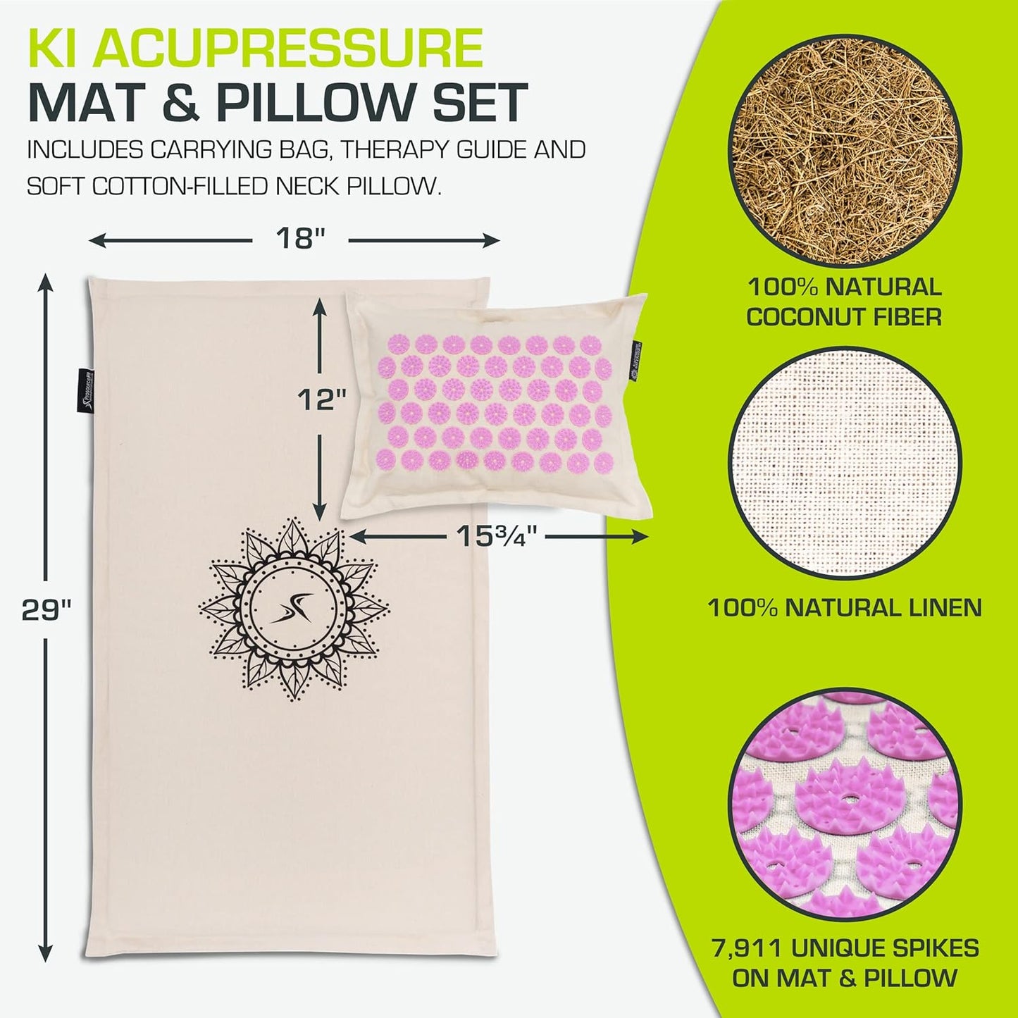 ProsourceFit Ki Acupressure Mat and Pillow Set with 100% Natural Linen for Back/Neck Pain Relief and Muscle Relaxation