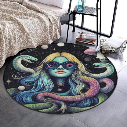 Machine Washable Modern Round Area Rug, Room Sofa Yoga Soft Round Carpet, Home Decor Non Slip Kitchen Office Circle Rug Trippy Rainbow Mushroom Tie Dye Art, 60inch