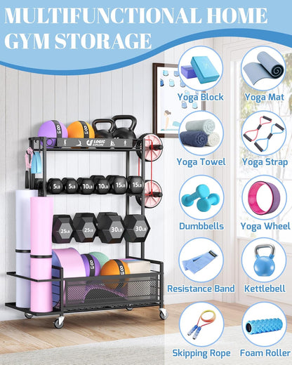Dumbbell Rack Weight Storage Stand, Adjustable Weight Rack with Wheels, Metal Workout Equipment Storage Organizer, Home Gym Storage Organizer for Dumbbells, Kettlebells, Yoga Mat, Foam Roller