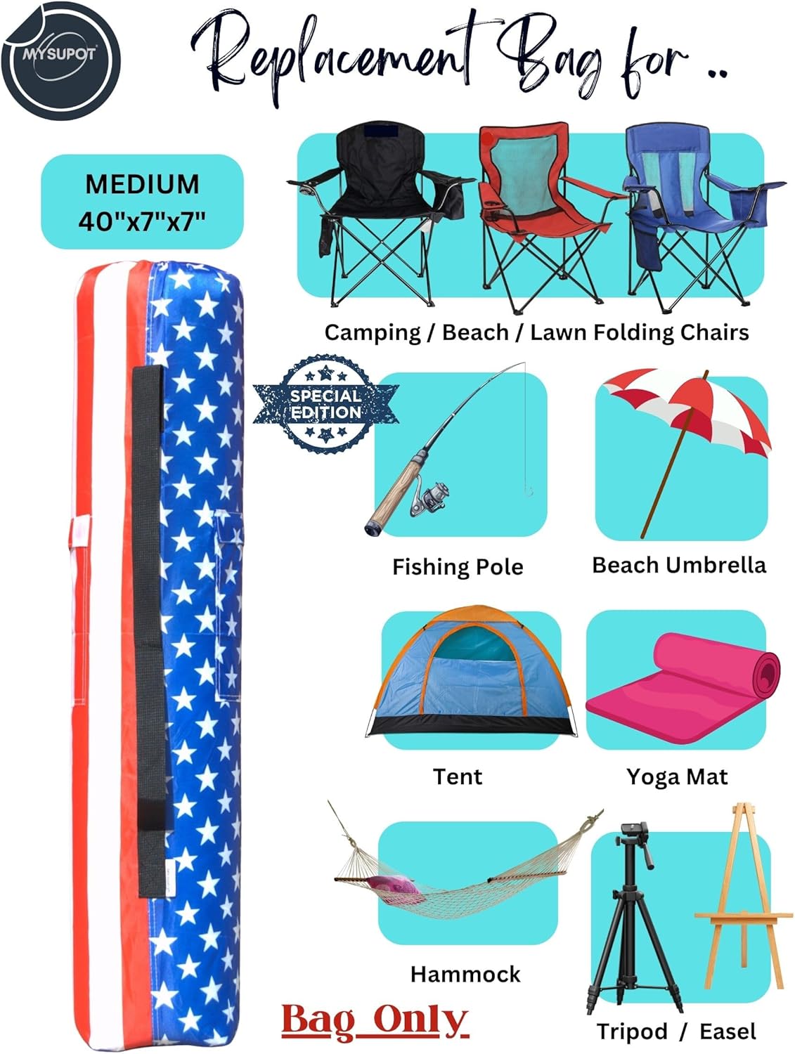 Replacement Bag for Folding Camping Chair, Portable Camp Chair, Hammock, Yoga Mat, Umbrella, Tents, Tripods, Fishing Poles - 420D Oxford Polyester Fabric
