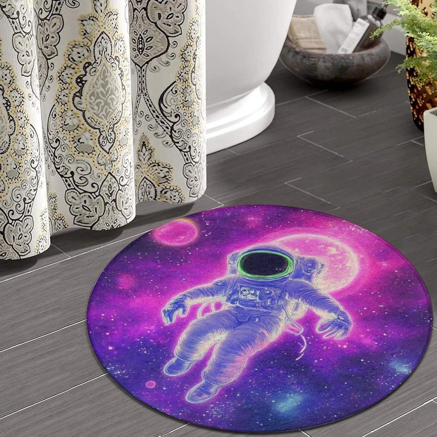Home Decor Non Slip Kitchen Office Circle Rug, Machine Washable Modern Round Area Rug, Room Sofa Yoga Soft Round Carpet Purple Galaxy Trippy Space Astronaut Art, 36inch