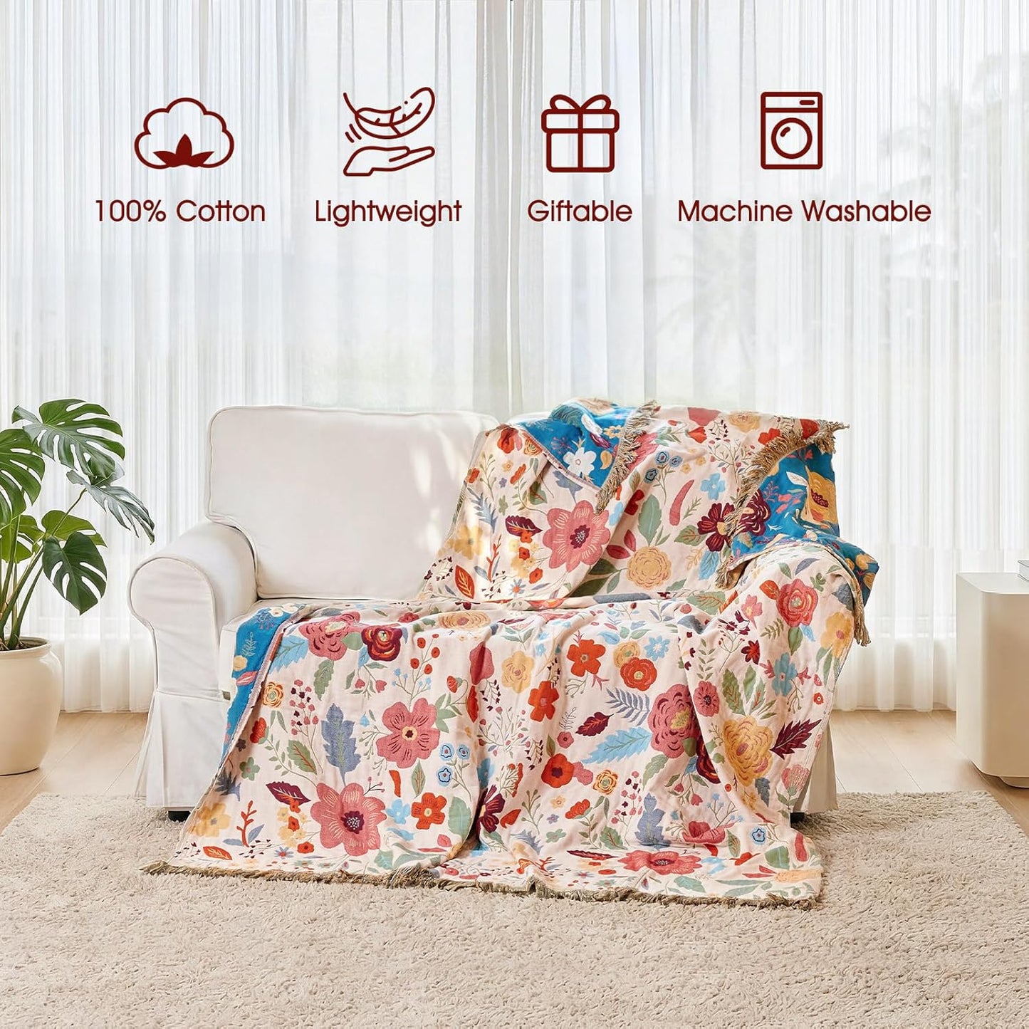 Boho Throw Blanket - 100% Cotton Soft Summer Throw Blanket for Bed, 50"x60" Reversible Breathable Lightweight Blankets, All Seasons Farmhouse Decor Floral Plant Butterfly Throw Quilt