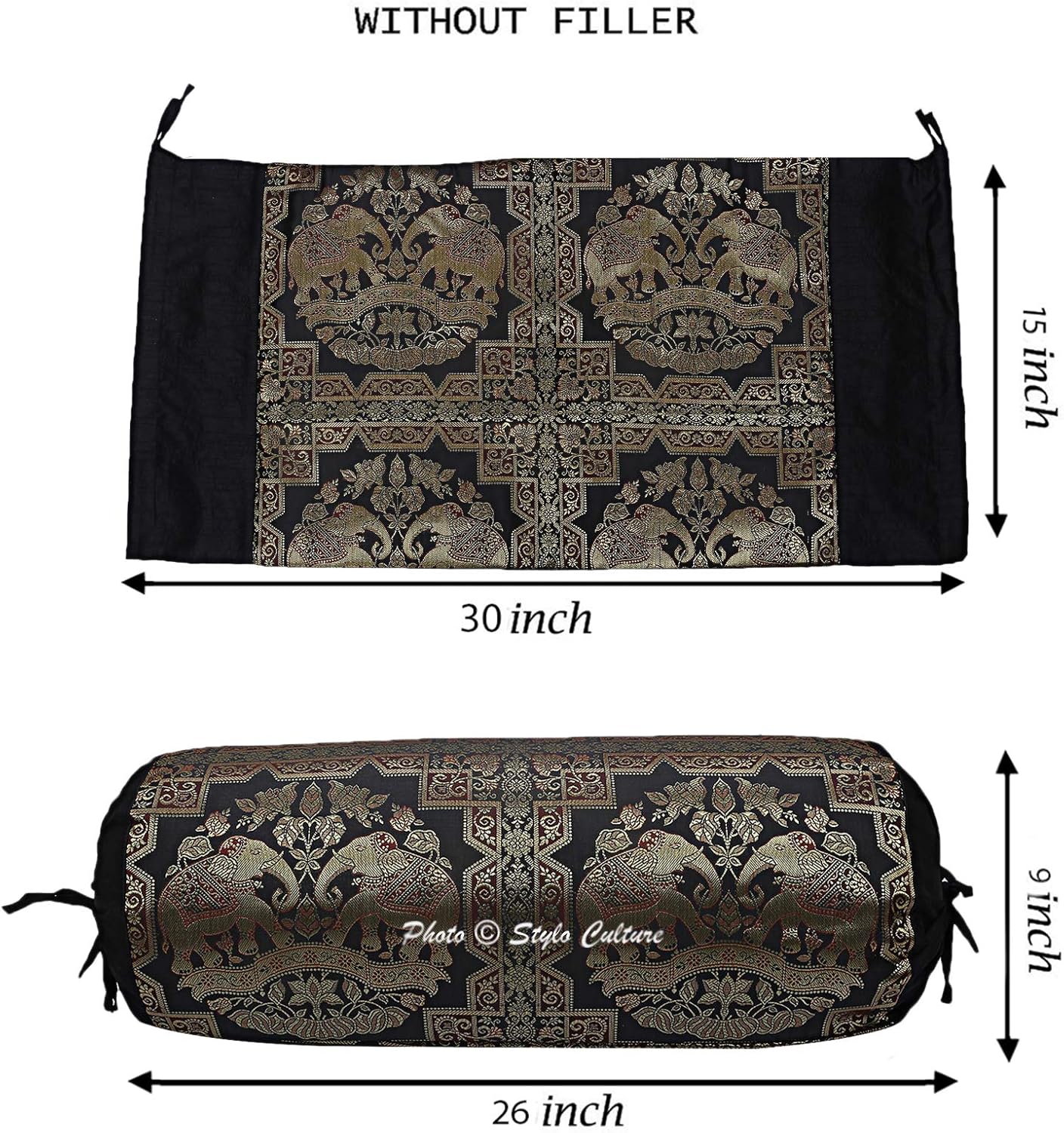 Traditional Brocade Silk Jacquard Decorative Bolster Pillow Cover for Yoga Black Gold Elephant Polydupion Cylindrical Neck Roll Home Decor Banarsi Bolster Case | (1 Pc) | (76x38 cm)