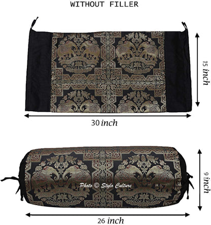 Traditional Brocade Silk Jacquard Decorative Bolster Pillow Cover for Yoga Black Gold Elephant Polydupion Cylindrical Neck Roll Home Decor Banarsi Bolster Case | (1 Pc) | (76x38 cm)