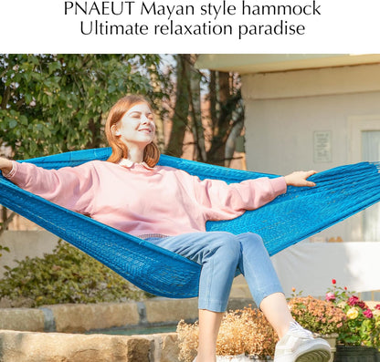 PNAEUT Handwoven Mayan Hammocks, Double Rope Hammock for Outdoor Outside & Indoor, Thick Soft 600 lbs Capacity Heavy-Duty, Includes Tree Straps, Carabiners & Carrying Bag (Nature, X-Large)