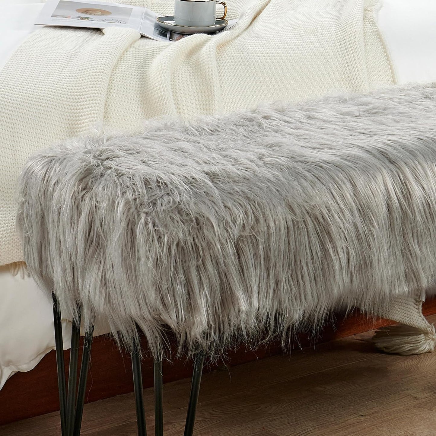 Home Soft Things Green Mongolian Faux Fur Ottoman, Desert Sage, 19'' x 13'' x 17'', Cozy Plush Fluffy Ottoman Foot Rest Stool for Living Room Bedroom Entryway Makeup Bench End of Bed Home Décor