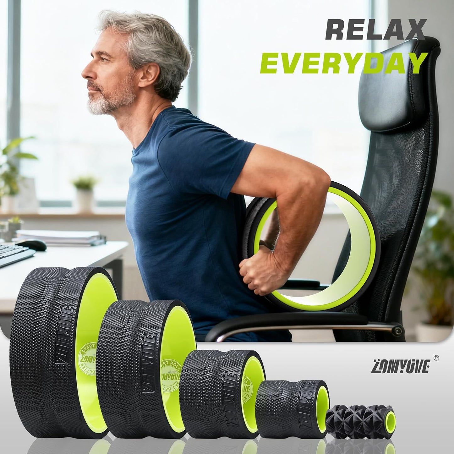 3 Pack Back Roller- Yoga Wheel for Back Pain Reliefn & Stretching, Back Wheel for Deep Tissue Massage, Foam Roller for Physical Therapy & Exercise