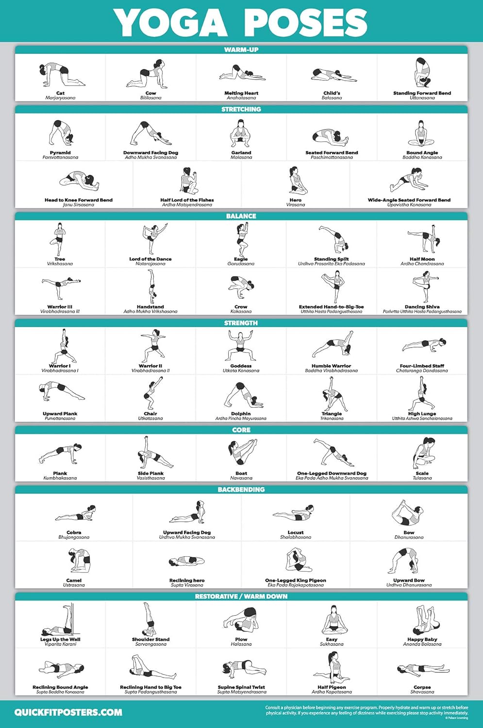 Palace Learning 4 Pack - Warm Up + Yoga + Stretching + Pilates - Set of 4 Workout Charts (Laminated with Plastic Frame, 18'' x 24'')