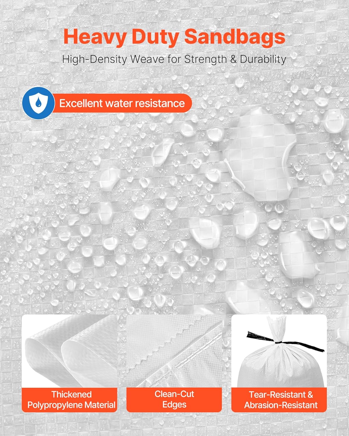 VEVOR Heavy Duty Sand Bags, 50Pack 14" x 26", Empty Sandbags for Flooding with Tie Strings, Woven Polypropylene Sand Bag with 1600 Hours of UV Protection, 50Lbs Capacity
