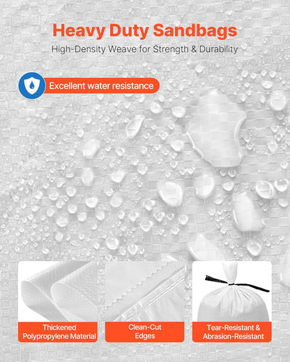 VEVOR Heavy Duty Sand Bags, 50Pack 14" x 26", Empty Sandbags for Flooding with Tie Strings, Woven Polypropylene Sand Bag with 1600 Hours of UV Protection, 50Lbs Capacity