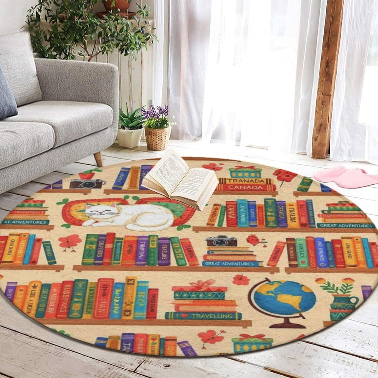 Soft Round Yoga Carpet, Large Home Decor Mat, Non-Slip Machine Washable Kitchen Office Circle Rug Compatible with Cool Norse Viking Vegvisir Runic Compass