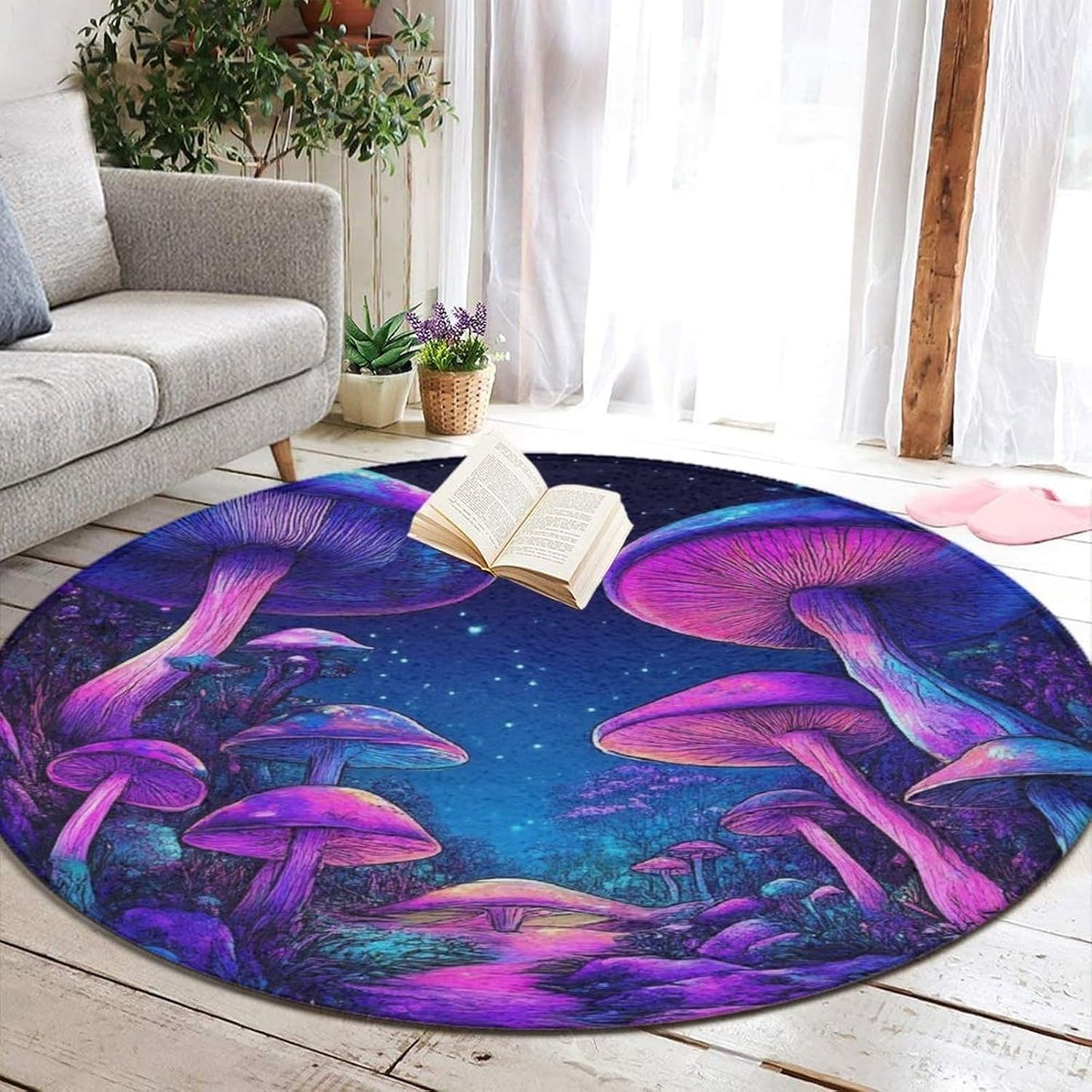 Machine Washable Modern Round Area Rug, Room Sofa Yoga Soft Round Carpet, Home Decor Non Slip Kitchen Office Circle Rug Trippy Rainbow Mushroom Tie Dye Art, 60inch