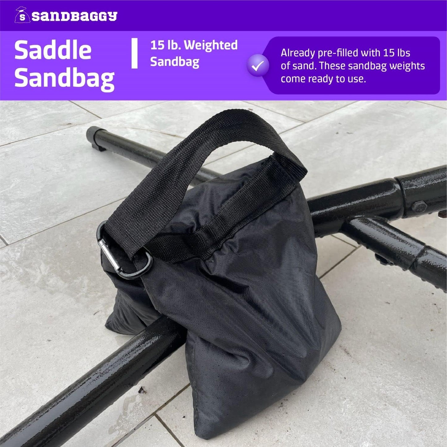 Sandbaggy Saddle Sandbags (Black) - Comes Pre Filled with 15 lbs. of Sand (25 lb. Weight Capacity) - Weights for Photography, Tents, Outdoor Equipment