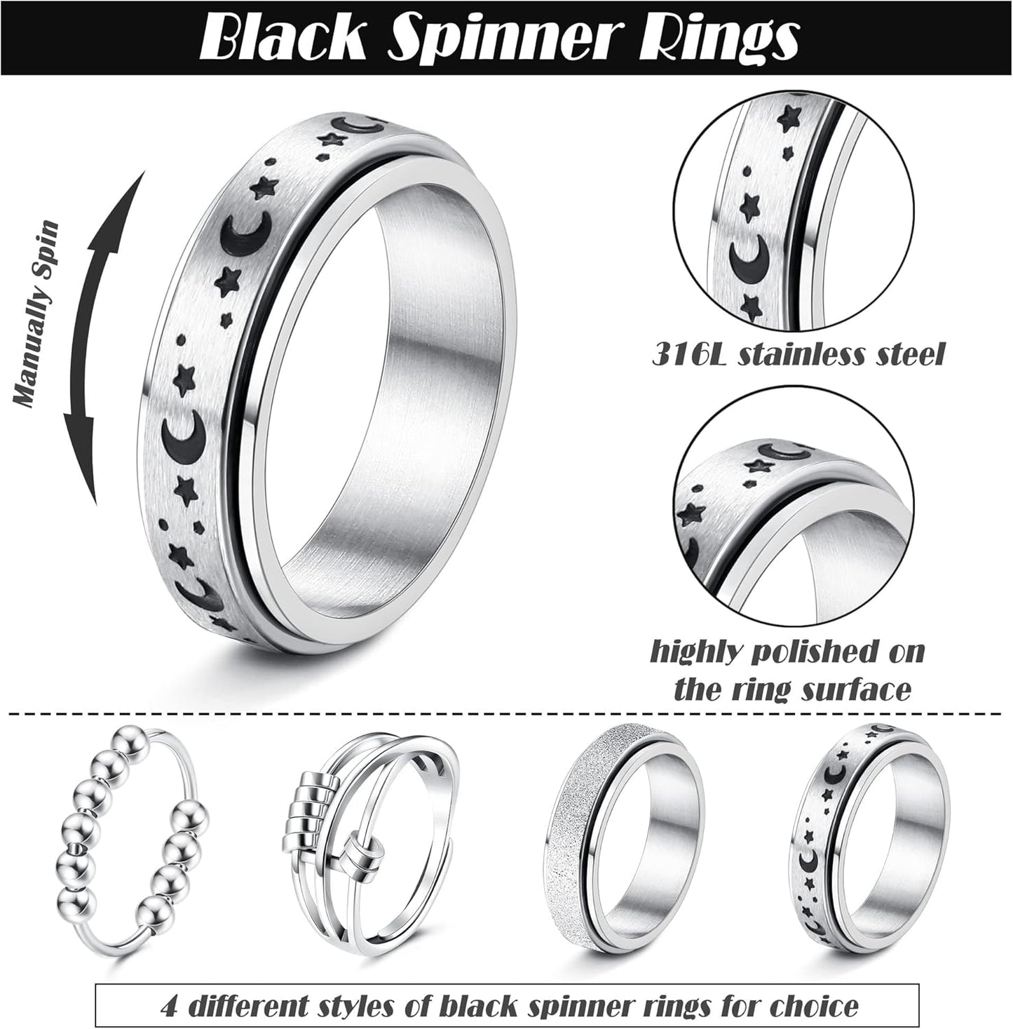 FUNRUN JEWELRY Stainless Steel Fidget Anxiety Ring for Women Men Fidget Spinner Rings Moon Star Celtic Stress Relieving Spinning Ring Wedding Band Rings Set,4-6Pcs