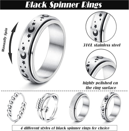 FUNRUN JEWELRY Stainless Steel Fidget Anxiety Ring for Women Men Fidget Spinner Rings Moon Star Celtic Stress Relieving Spinning Ring Wedding Band Rings Set,4-6Pcs