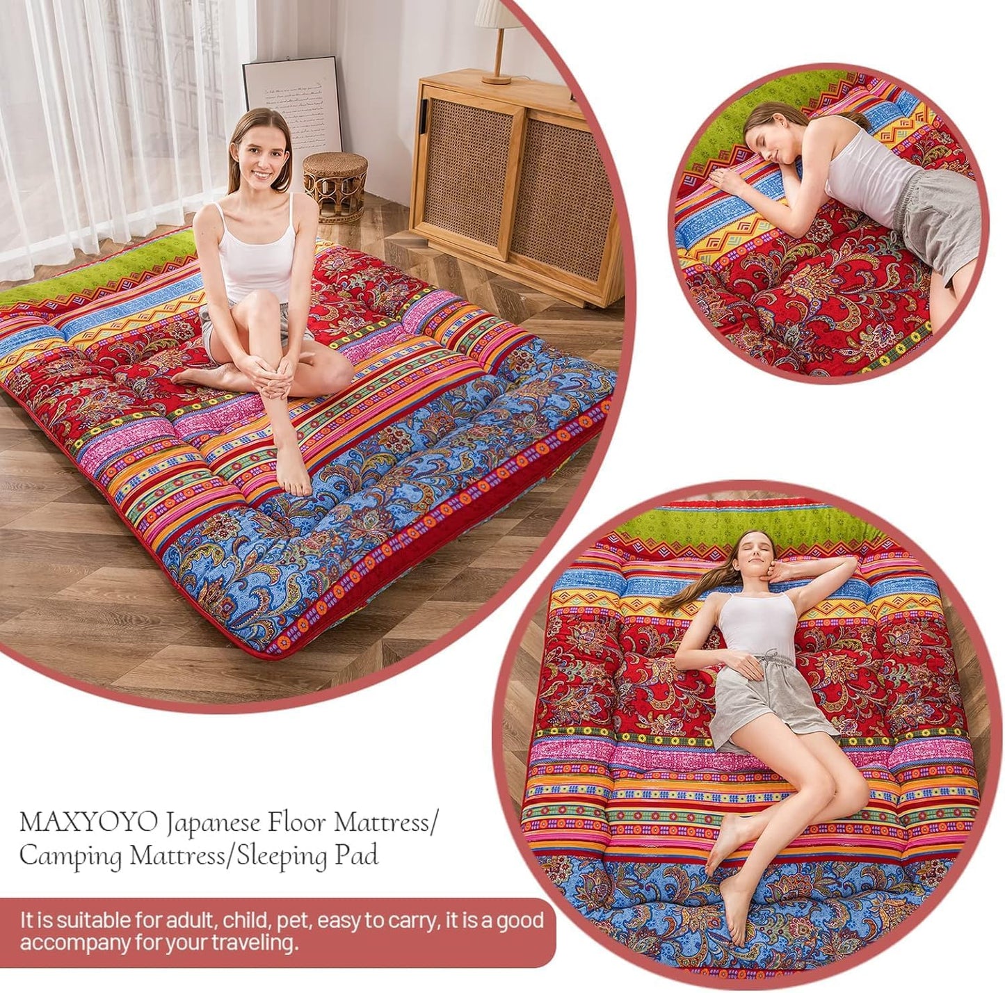 MAXYOYO Bohemian Retro Mattress Boho Floral Japanese Futon Mattress Tatami Floor Mat Foldable Portable Camping, Sleeping Pad, Lounger Couch Bed Full Size
