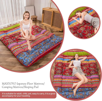 MAXYOYO Bohemian Retro Mattress Boho Floral Japanese Futon Mattress Tatami Floor Mat Foldable Portable Camping, Sleeping Pad, Lounger Couch Bed Full Size