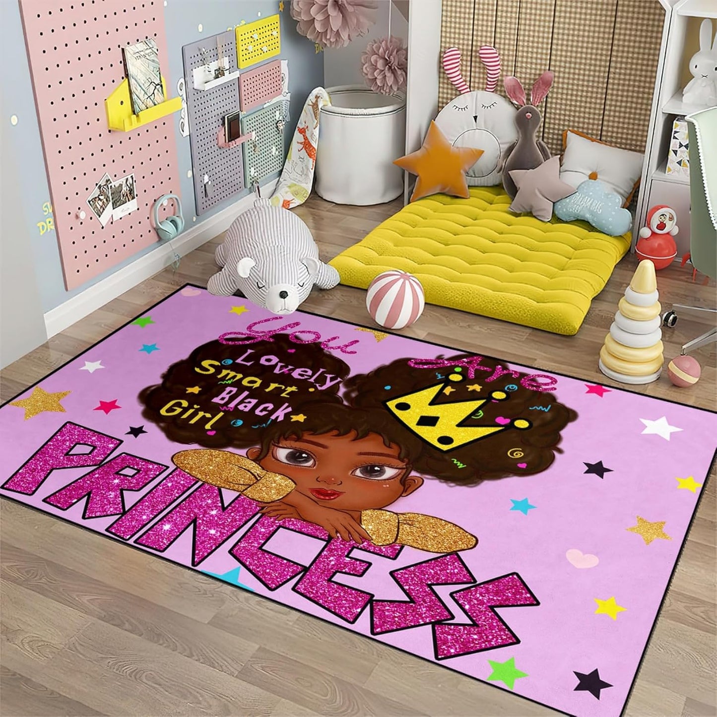 Black Girl Area Rug for Bedroom African American Rugs for Room Princess Carpet Kids Rugs for Bedroom African Girls Carpet for Living Room Teen Girls Yoga Mats, Pink, 4'×5'