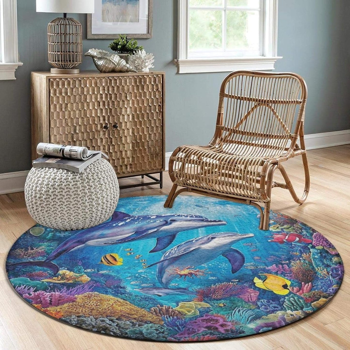 Room Sofa Yoga Soft Round Carpet, Home Decor Non Slip Kitchen Office Circle Rug, Machine Washable Modern Round Area Rug Beach Turtles, 60inch