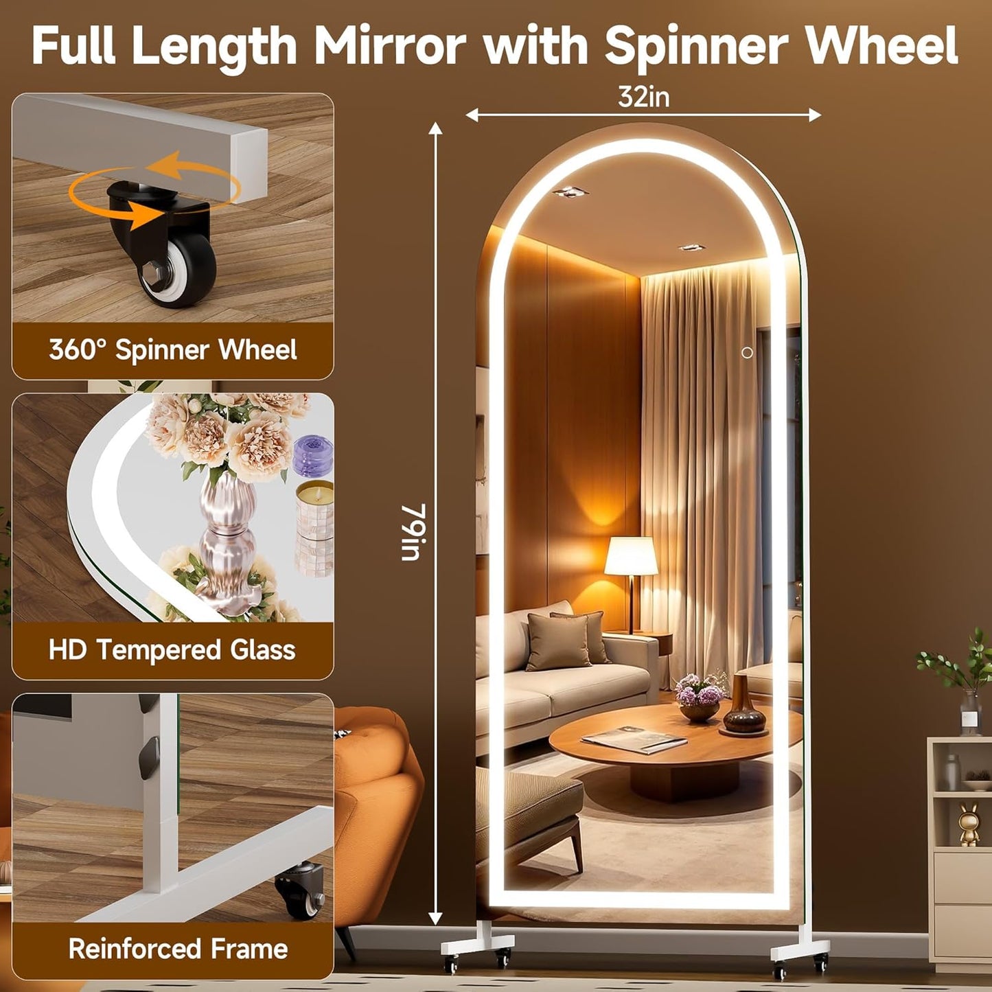 Hasipu 71" x 28" Arched Rolling Home Gym Mirror with Wheels, 360° Swivel Body Mirror with HD Tempered Glass, Large Floor Mirror for Yoga Room, Dance Studio, Bedroom & Home Gym