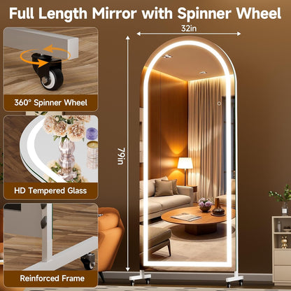 Hasipu 71" x 28" Arched Rolling Home Gym Mirror with Wheels, 360° Swivel Body Mirror with HD Tempered Glass, Large Floor Mirror for Yoga Room, Dance Studio, Bedroom & Home Gym