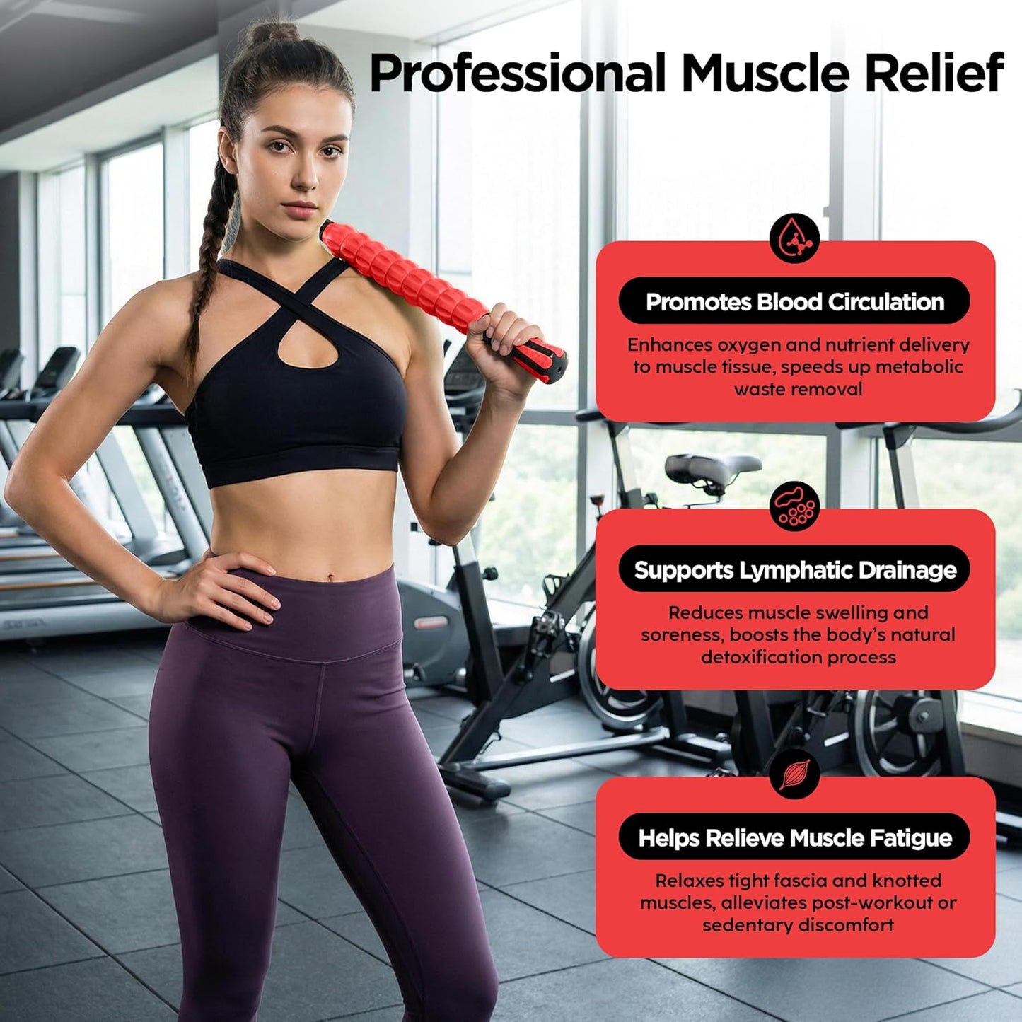 Muscle Roller Massage Roller Stick- Deep Tissue Fascia Blaster for Myofascial Pain Relief, Lymphatic Drainage & Body Sculpting, Handheld Physical Therapy & Recovery Tool (Gray black-18 inch)