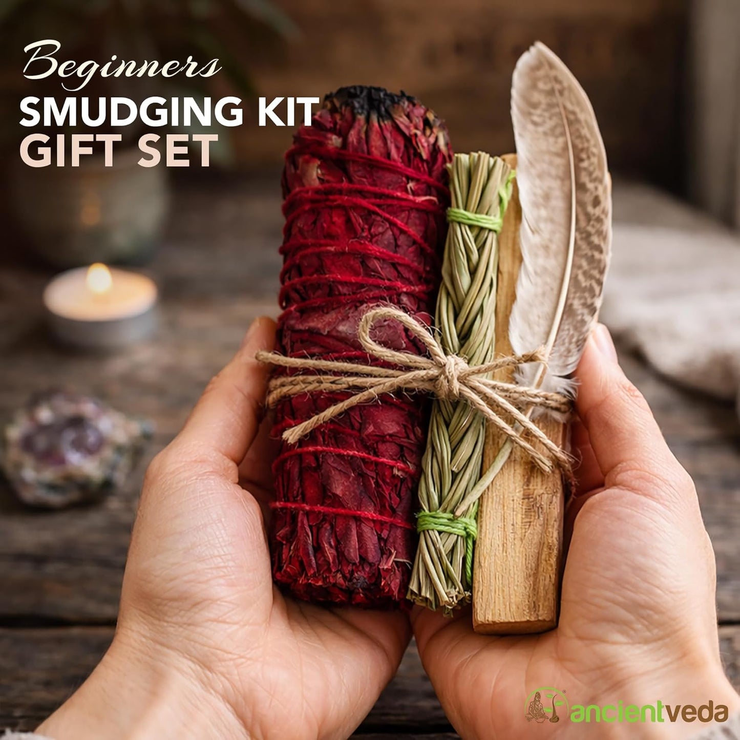 Ancient VEDA Organic Smudge Kit – Yerba Santa, Palo Santo, Sweetgrass Braid, Feather & Smudge Guide | Home Cleansing Kit for Meditation, Yoga, Energy Healing & Gift (Starter Kit, Yerba Santa Sage)
