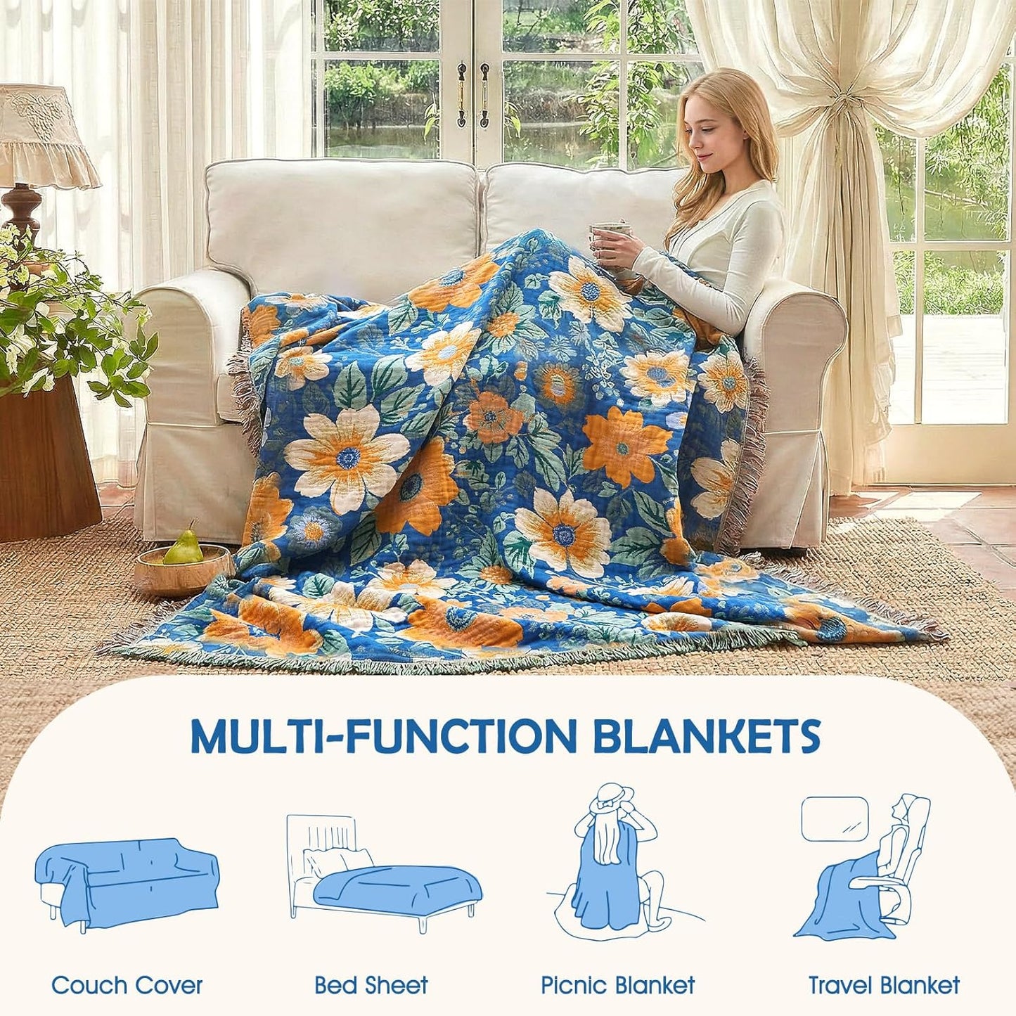 Boho Throw Blanket - 100% Cotton Soft Summer Throw Blanket for Bed, 50"x60" Reversible Breathable Lightweight Blankets, All Seasons Farmhouse Decor Floral Plant Butterfly Throw Quilt