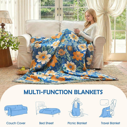 Boho Throw Blanket - 100% Cotton Soft Summer Throw Blanket for Bed, 50"x60" Reversible Breathable Lightweight Blankets, All Seasons Farmhouse Decor Floral Plant Butterfly Throw Quilt
