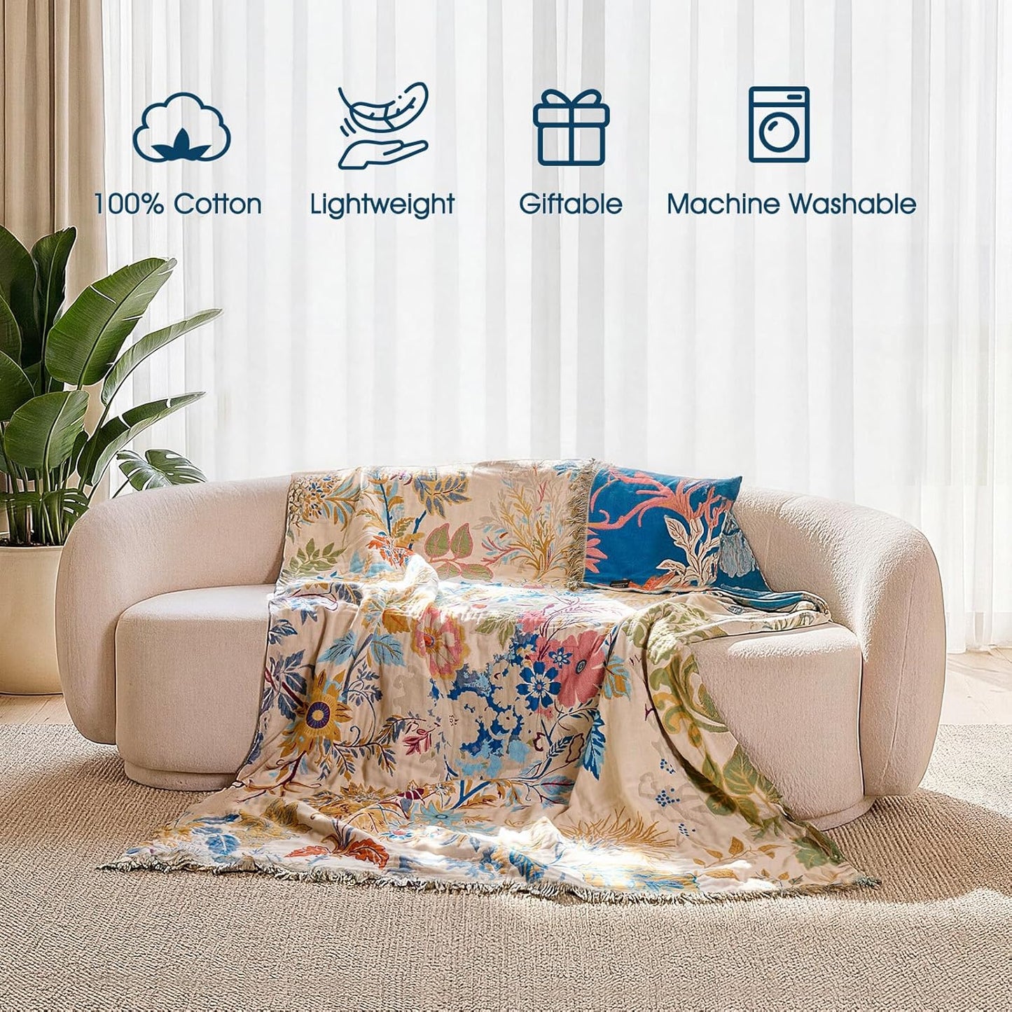 Boho Throw Blanket - 100% Cotton Soft Summer Throw Blanket for Bed, 50"x60" Reversible Breathable Lightweight Blankets, All Seasons Farmhouse Decor Floral Plant Butterfly Throw Quilt