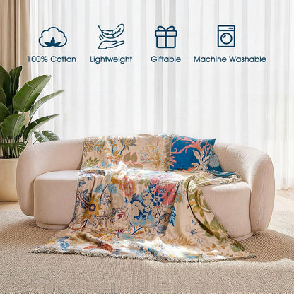 Boho Throw Blanket - 100% Cotton Soft Summer Throw Blanket for Bed, 50"x60" Reversible Breathable Lightweight Blankets, All Seasons Farmhouse Decor Floral Plant Butterfly Throw Quilt
