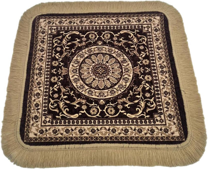 Soft Chenille Prayer Mat | Traditional Mandala Floral Pooja Aasan with Golden Fringes | Multipurpose Square Rug for Meditation, Yoga, Puja Room & Home (Red, 2x2 Feet)