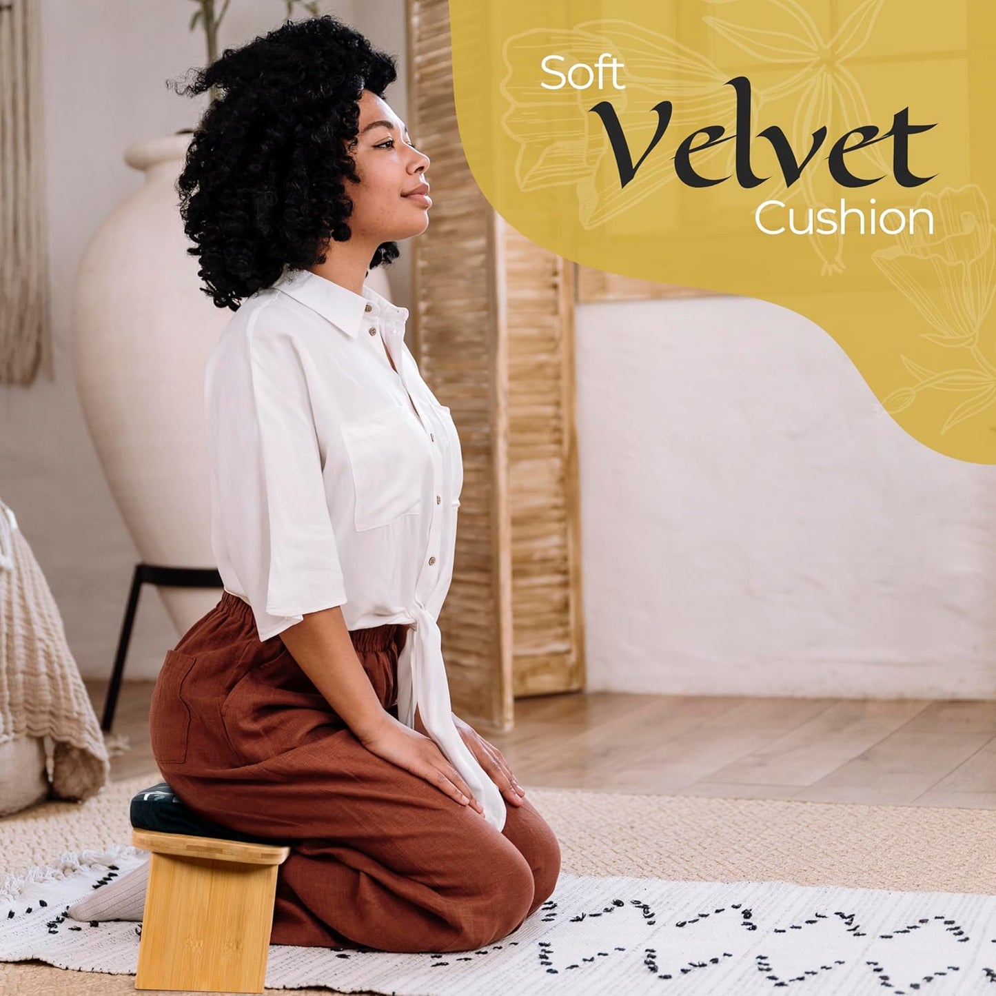 Zaveur Bamboo Meditation Bench with Cushion - Foldable Bench for Multiple Seating Angles - Kneeling Chair Meditation Stool - Yoga Chair Prayer Bench for Deeper and Longer Meditation - Brown