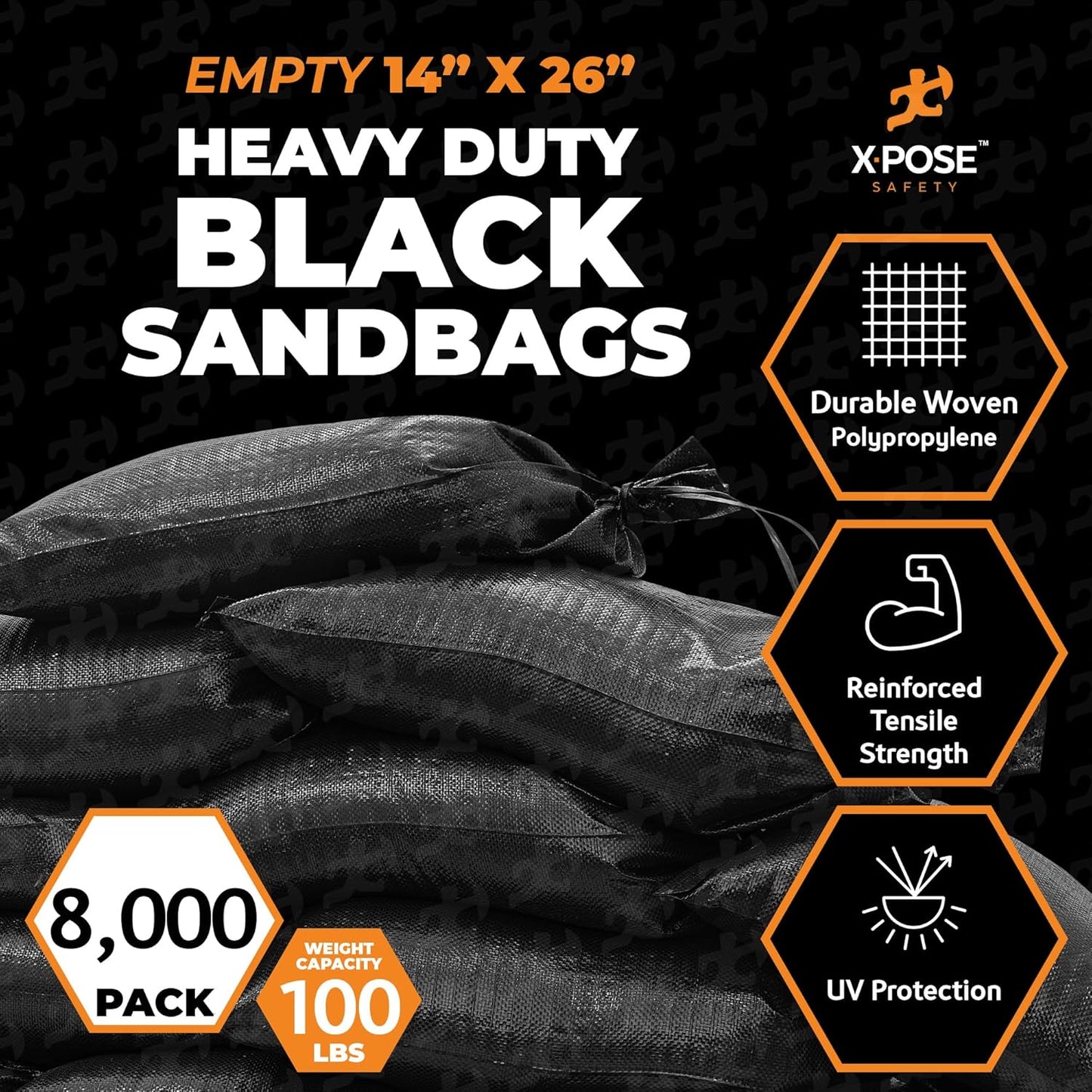 Xpose Safety Heavy Duty Sand Bags with Tie Strings – Empty Woven Polypropylene Sandbags for Hurricane Flood Protection, 100 lb Capacity, 14" x 26", Black, Pack of 10