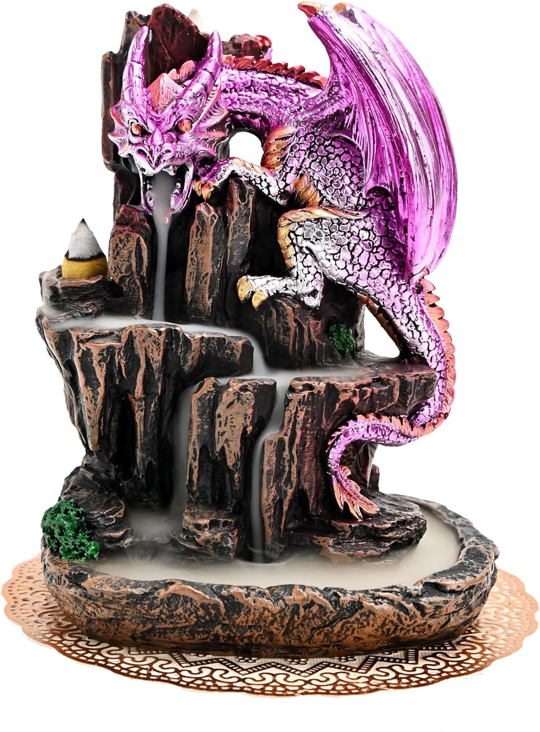 Dragon Backflow 2 Sided Mountain Waterfall Incense Burner,Fountain Smoke Incense Holder with Backflow Incense Cones, Tweezers, Mat，Resin Aromatherapy Meditation (Green)