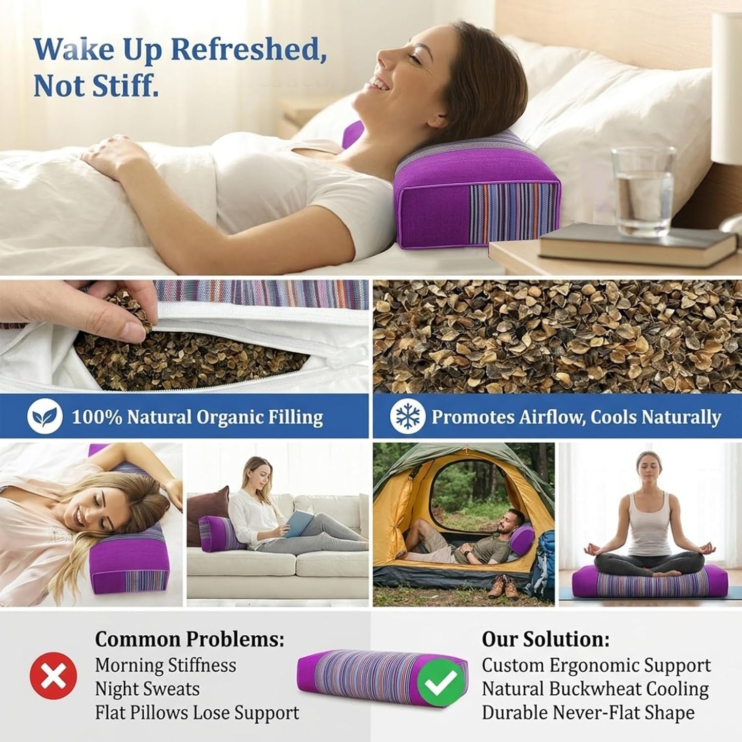 Adjustable Buckwheat Hull Pillow for Neck Pain Relief (21x8x4in) Natural Cooling Cervical Support Organic Pillow for Side & Back Sleepers with Night Sweats (Grey)