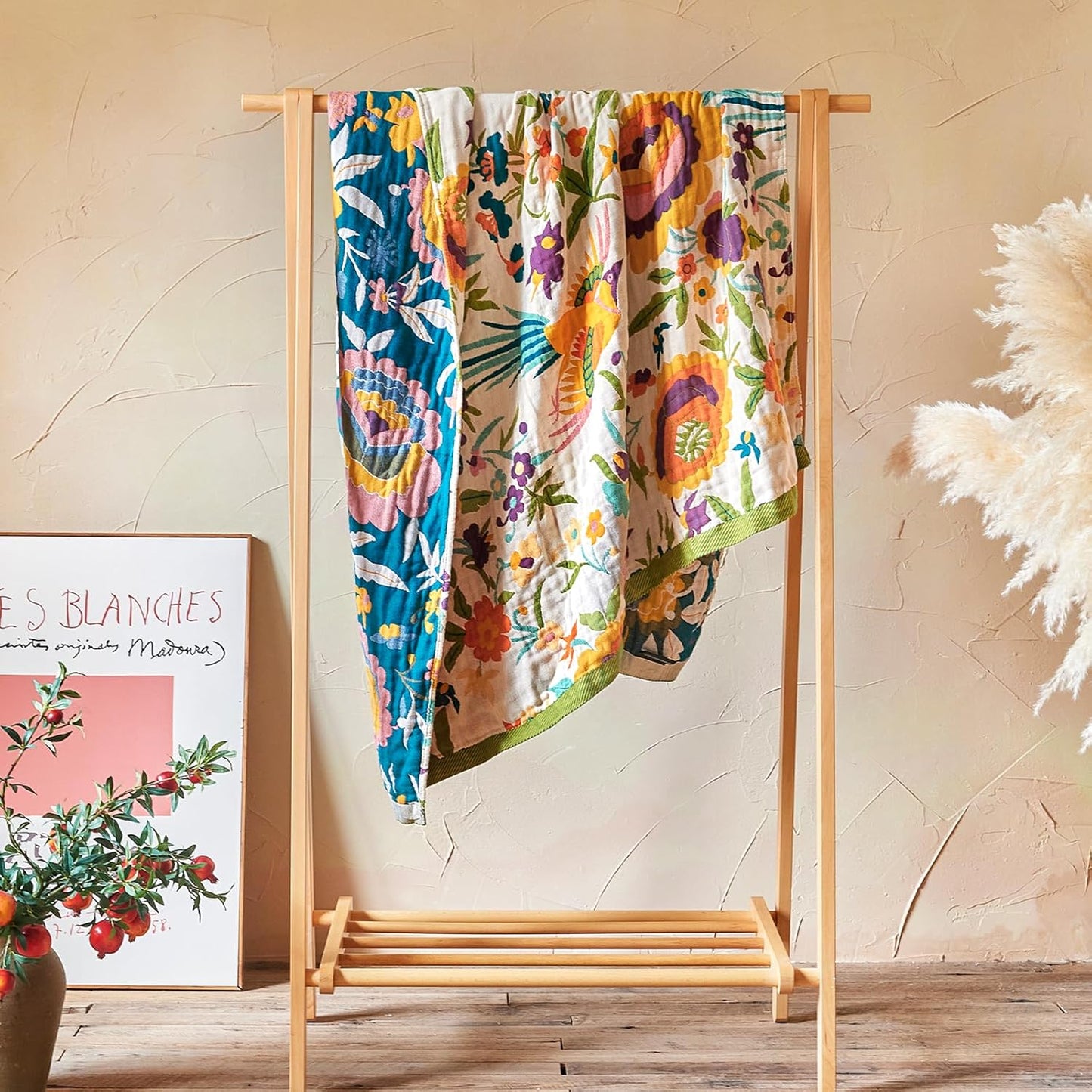 Boho Throw Blanket - 100% Cotton Soft Summer Throw Blanket for Bed, 50"x60" Reversible Breathable Lightweight Blankets, All Seasons Farmhouse Decor Floral Plant Butterfly Throw Quilt